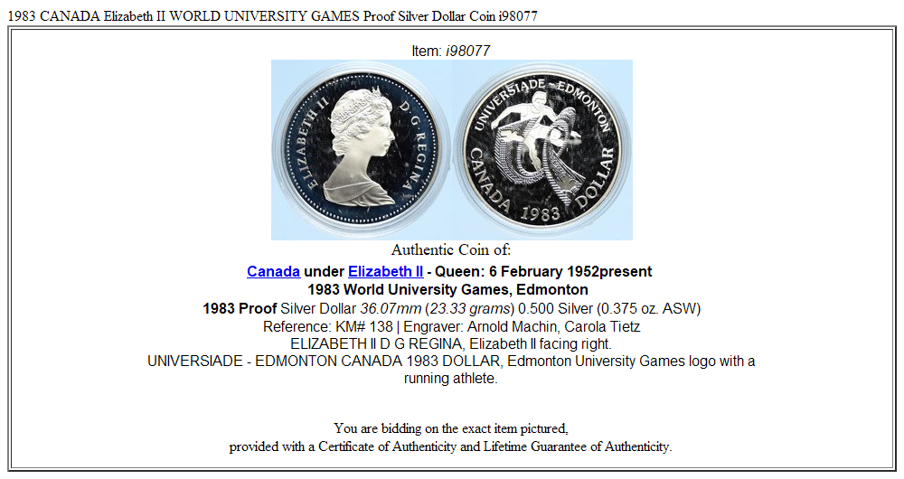 1983 CANADA Elizabeth II WORLD UNIVERSITY GAMES Proof Silver Dollar Coin i98077