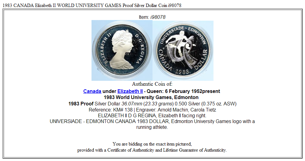 1983 CANADA Elizabeth II WORLD UNIVERSITY GAMES Proof Silver Dollar Coin i98078