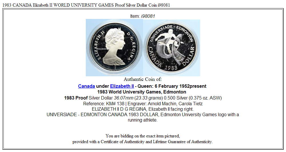 1983 CANADA Elizabeth II WORLD UNIVERSITY GAMES Proof Silver Dollar Coin i98081