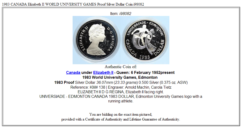 1983 CANADA Elizabeth II WORLD UNIVERSITY GAMES Proof Silver Dollar Coin i98082