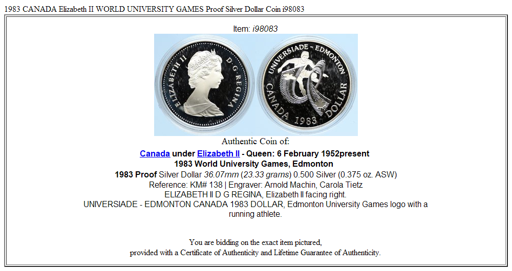 1983 CANADA Elizabeth II WORLD UNIVERSITY GAMES Proof Silver Dollar Coin i98083