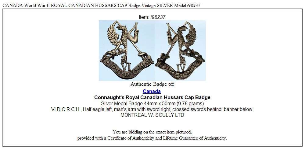 CANADA World War II ROYAL CANADIAN HUSSARS CAP Badge Vintage SILVER Medal i98237