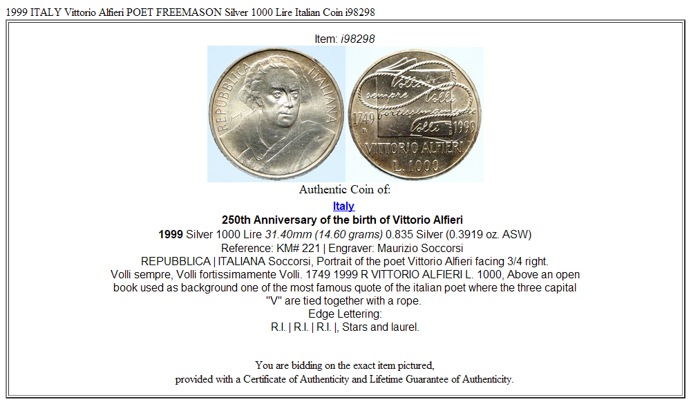 1999 ITALY Vittorio Alfieri POET FREEMASON Silver 1000 Lire Italian Coin i98298