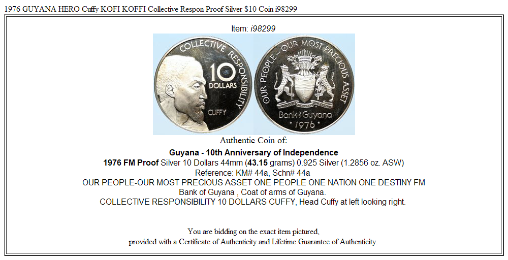 1976 GUYANA HERO Cuffy KOFI KOFFI Collective Respon Proof Silver $10 Coin i98299