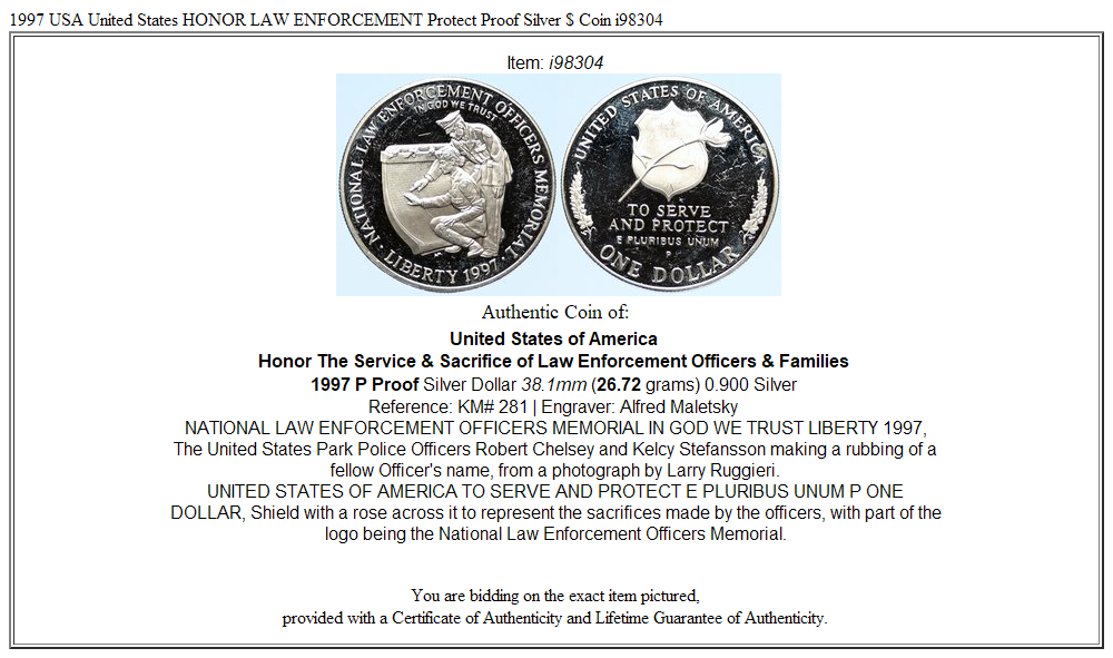 1997 USA United States HONOR LAW ENFORCEMENT Protect Proof Silver $ Coin i98304