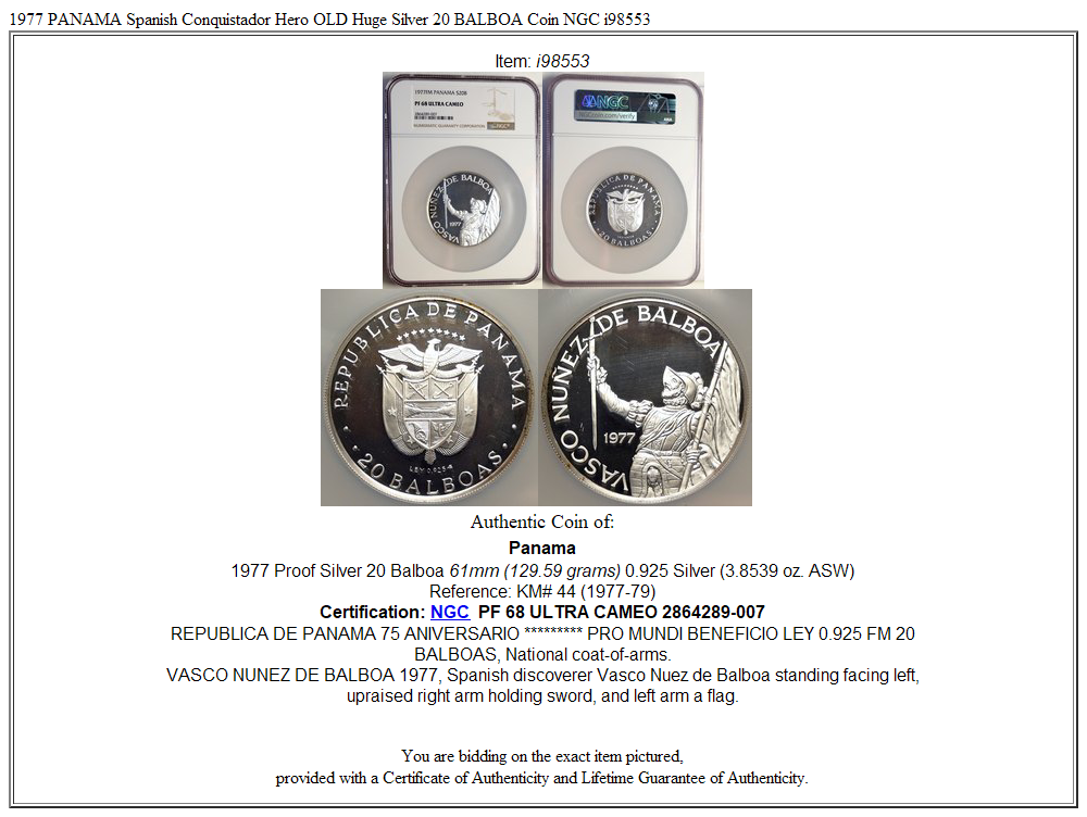 1977 PANAMA Spanish Conquistador Hero OLD Huge Silver 20 BALBOA Coin NGC i98553