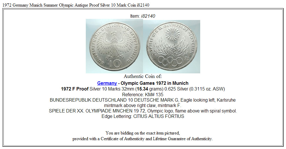 1972 Germany Munich Summer Olympic Antique Proof Silver 10 Mark Coin i82140