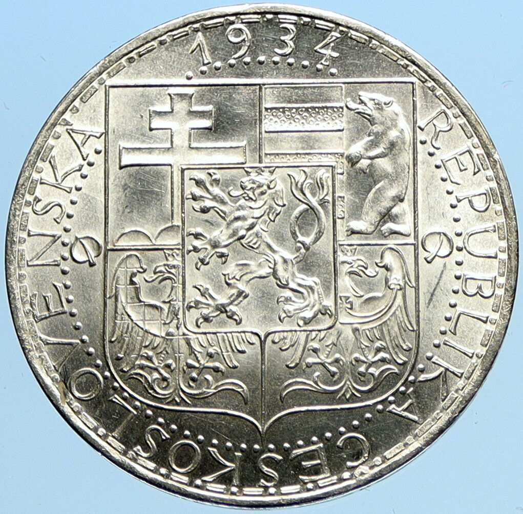 1934 CZECHOSLOVAKIA Industry Agriculture Business Silver 20 Korun Coin i97688