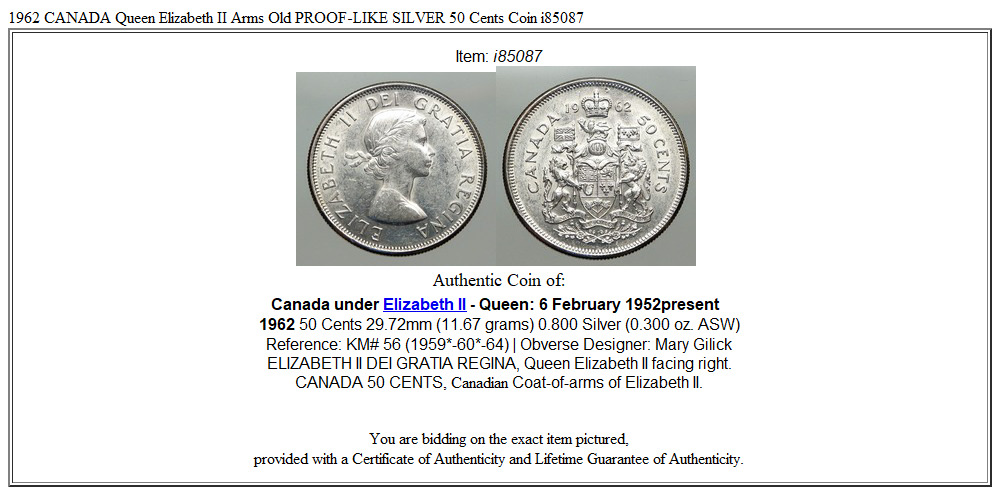 1962 CANADA Queen Elizabeth II Arms Crown VINTAGE SILVER 50 Cents Coin i85087