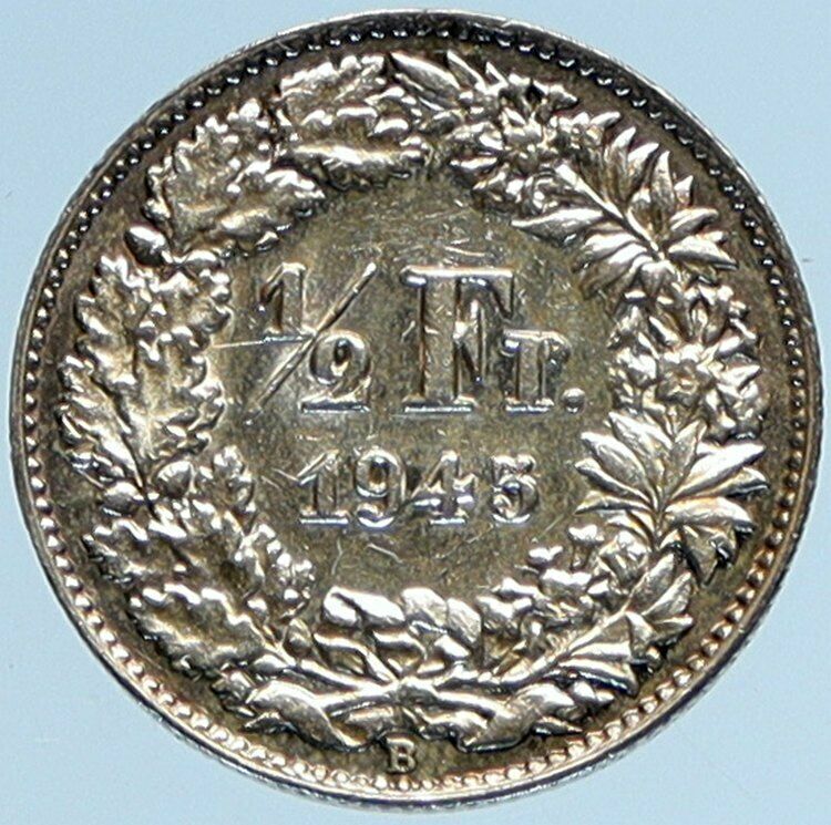 1945B SWITZERLAND HELVETIA Symbolizes SWISS Nation SILVER 1/2 Francs Coin i97651