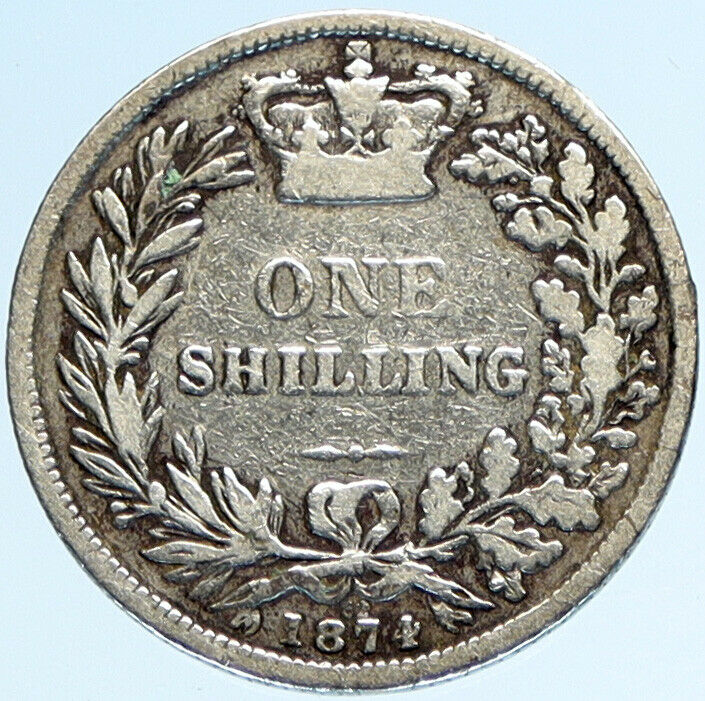 1874 UK Great Britain United Kingdom QUEEN VICTORIA Shilling Silver Coin i97665