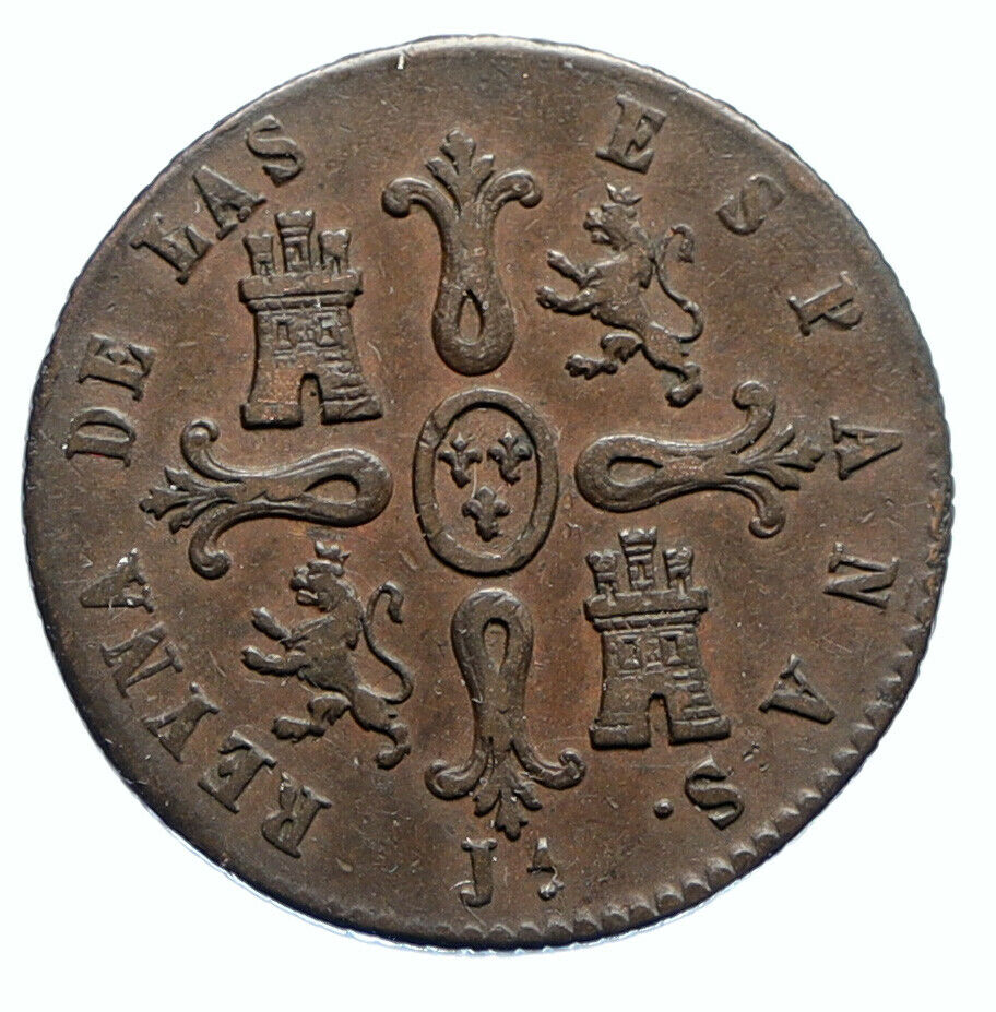 1848 SPAIN Queen ISABELLA II Antique VINTAGE OLD 8 Maravedis Spanish Coin i96244