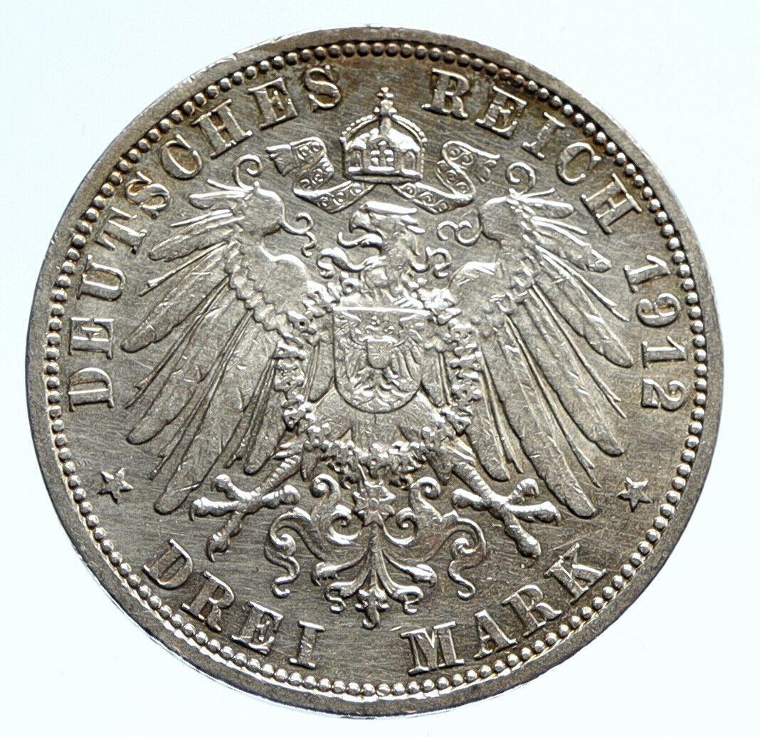 1912 A PRUSSIA KINGDOM Germany WILHELM II OLD Silver 3 Mark German Coin i96248