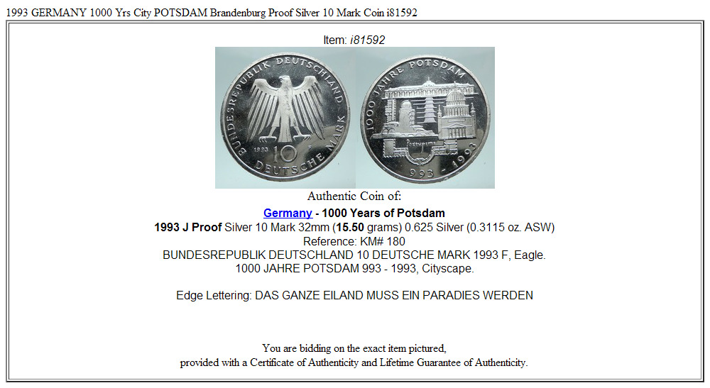 1993 GERMANY 1000 Yrs City POTSDAM Brandenburg Proof Silver 10 Mark Coin i81592