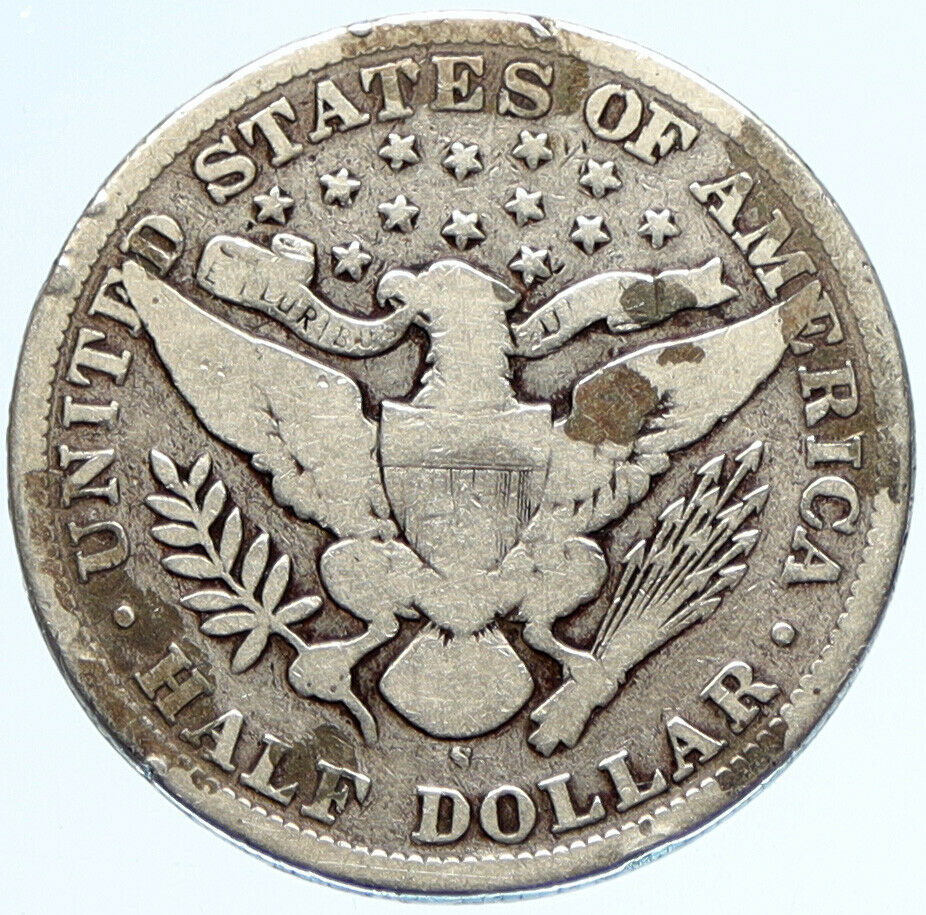 1898 S UNITED STATES Barber Half Dollar Antique Silver US 50 Cent Coin i97441