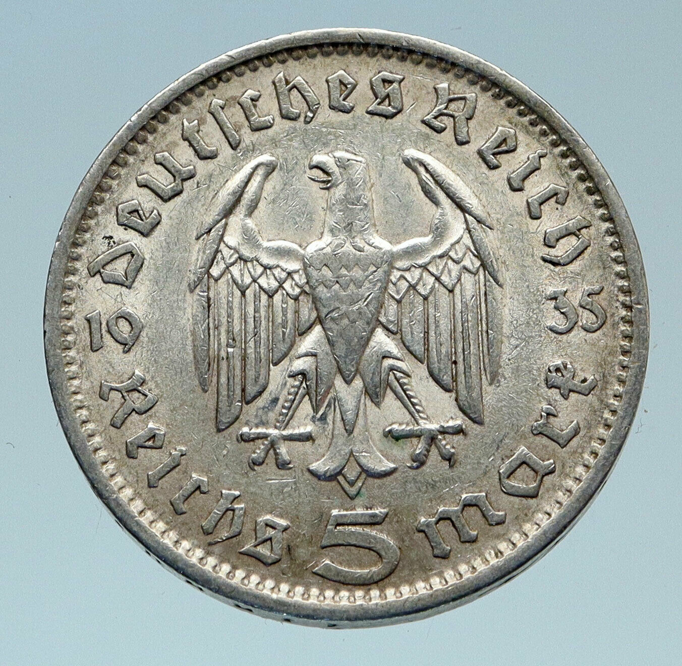 1935 Germany 2nd President Paul von Hindenburg Silver German 5 Marks Coin i82738