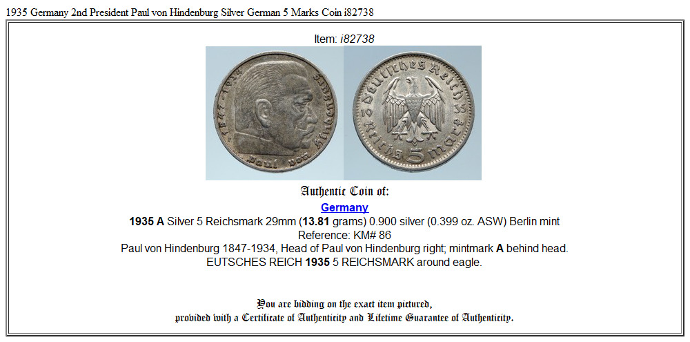 1935 Germany 2nd President Paul von Hindenburg Silver German 5 Marks Coin i82738