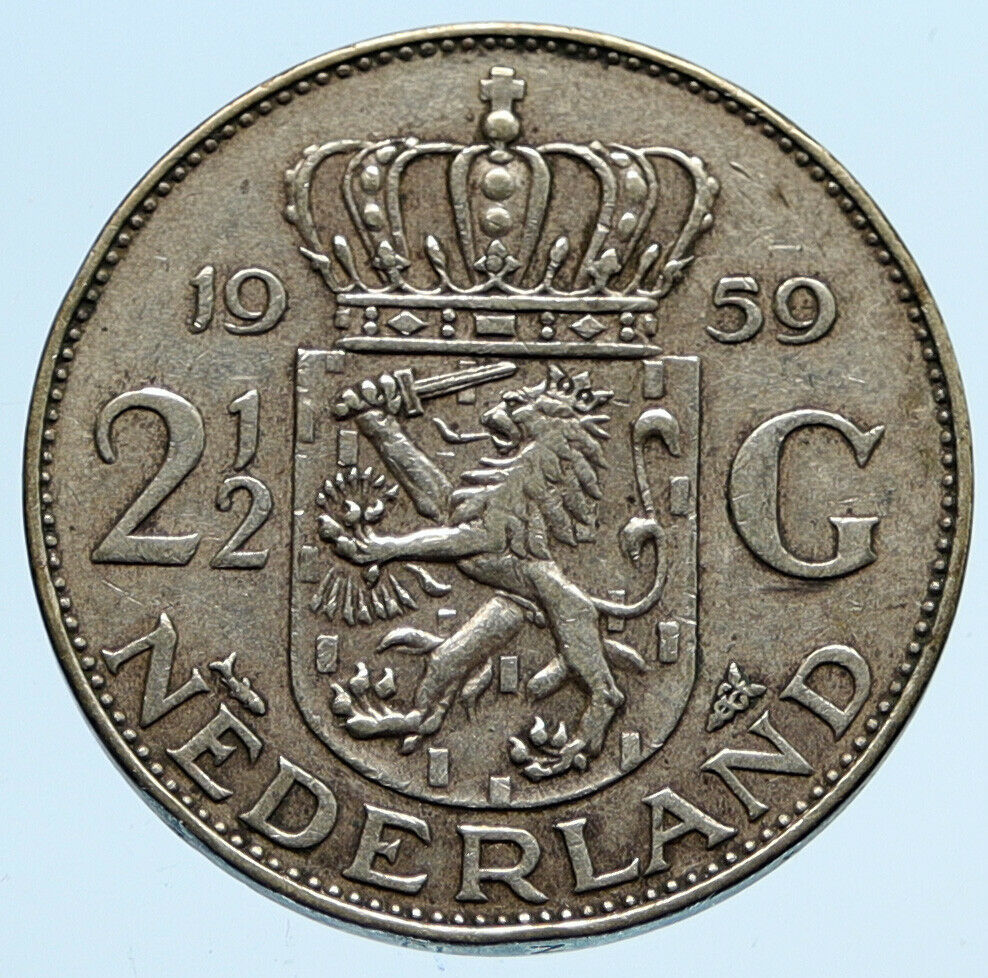 1959 Netherlands Kingdom Queen JULIANA Vintage Silver 2 1/2 Gulden Coin i94448