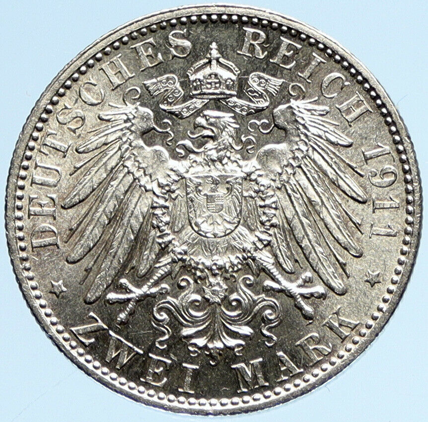 1911 GERMANY Bavaria Otto I w PRINCE LUITPOLD Antique Silver 2 Marks Coin i97084