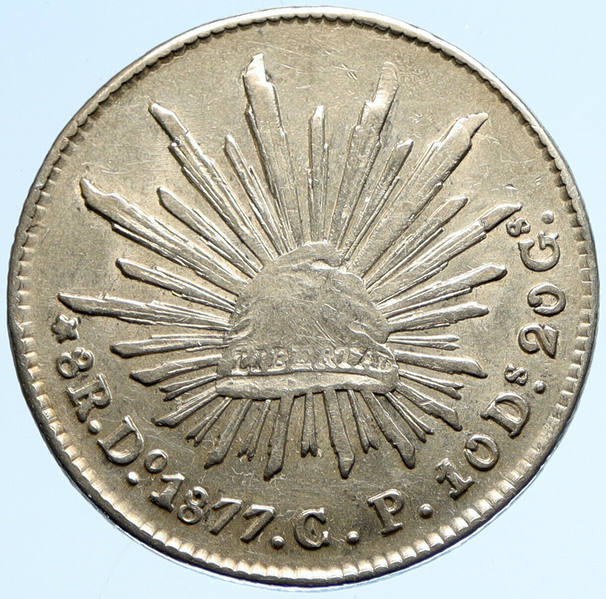 1877 Do CP MEXICO Large Eagle Sun Antique Mexican Silver 8 Reales Coin i97096