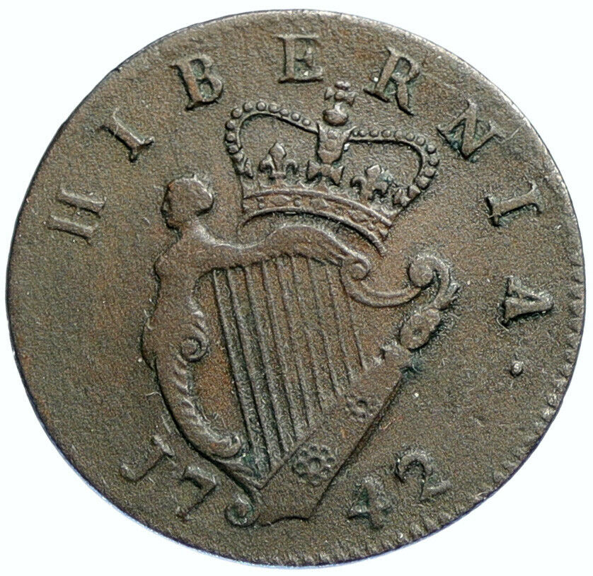 1742 IRELAND UK King George II Antique Lyre VINTAGE OLD 1/2 Penny Coin i97085