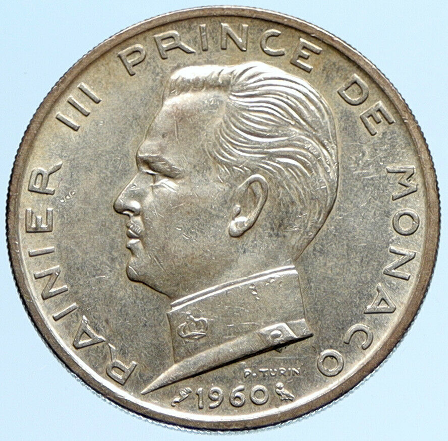 1960 MONACO King Rainier III Crown Antique Genuine Silver 5 Franc Coin i97316