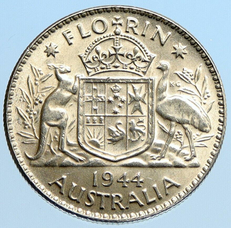 1944 AUSTRALIA Large King George VI Kangaroos VINTAGE Silver Florin Coin i96963