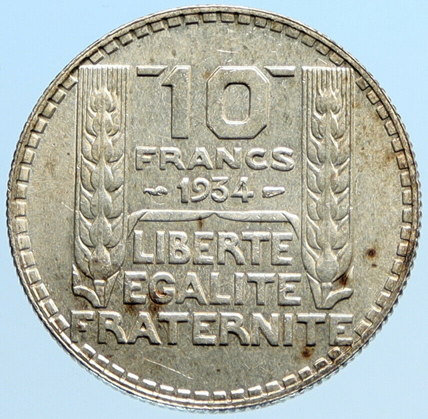 1934 FRANCE Vintage Mariane OLD French MOTTO Silver 10 Francs French Coin i96940