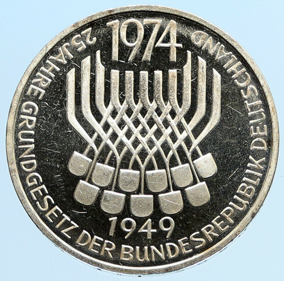 1974 F GERMANY 25 Years of German Federal Constitution Law Silver 5 Mark i96944