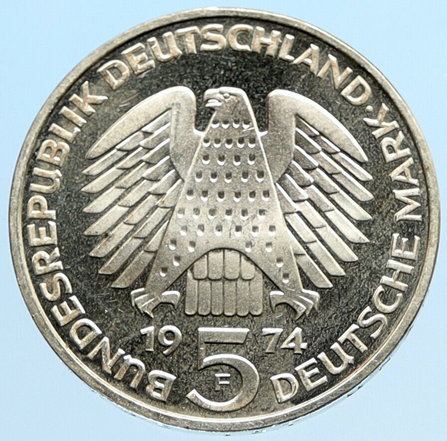 1974 F GERMANY 25 Years of German Federal Constitution Law Silver 5 Mark i96944