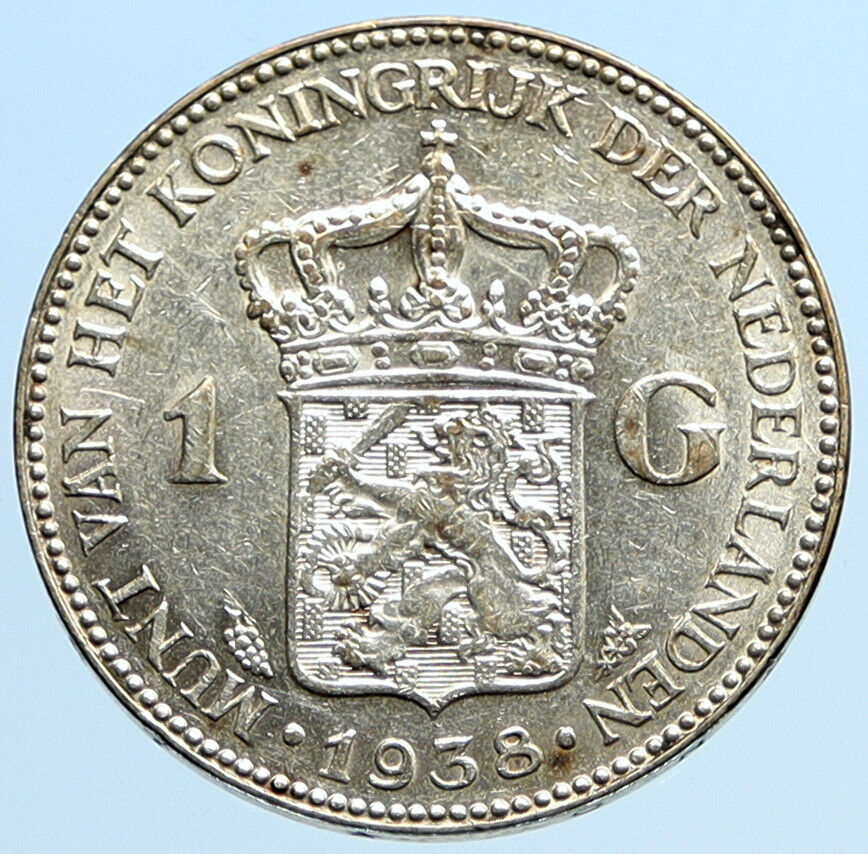 1938 Netherlands Kingdom w Queen WILHELMINA Antique Silver 1 Gulden Coin i96959