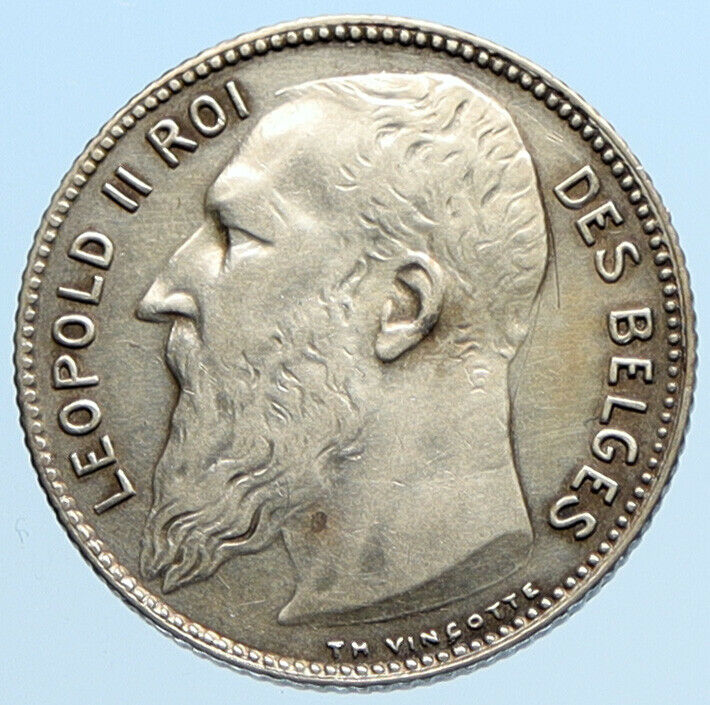 1909 BELGIUM King Leopold II Antique Silver 1 Franc Belgian Coin FRENCH i96957