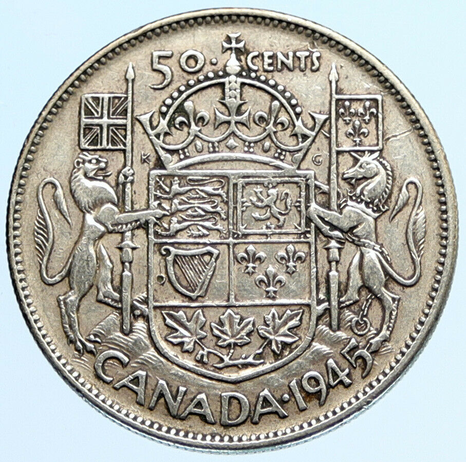 1945 CANADA UK King GEORGE VI Lions Crown Large Old SILVER 50 Cents Coin i96939