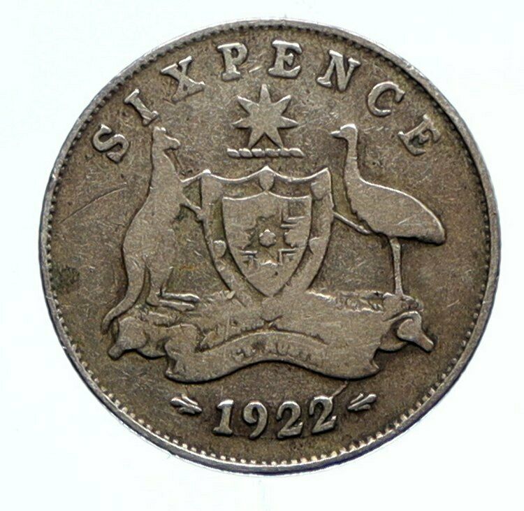 1922 AUSTRALIA King George V Coat-of-Arms - SIXPENCE Antique SILVER Coin i96513