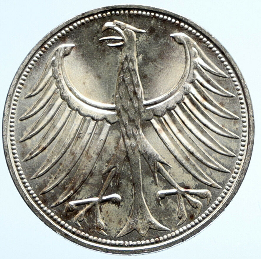 1973 F GERMANY Vintage Winged Eagle OLD German Large 5 Mark Silver Coin i96512