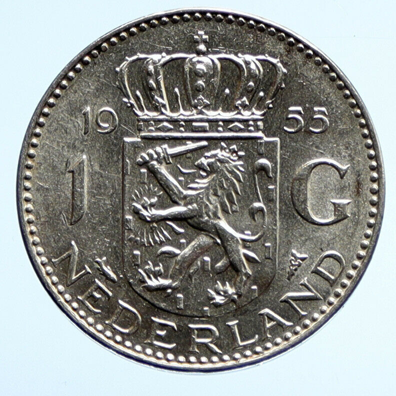 1955 Netherlands Kingdom Queen JULIANA I Gulden Authentic Silver Coin i96510