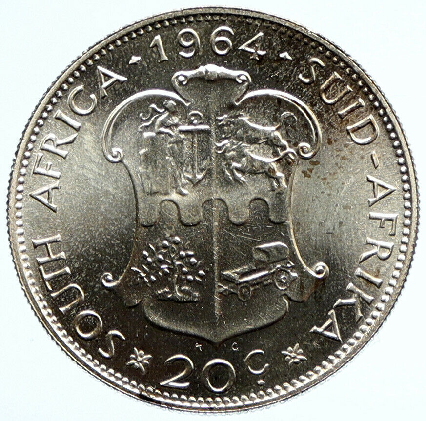 1964 SOUTH AFRICA Queen Elizabeth II Riebeeck VINTAGE Silver 20 Cent Coin i96553