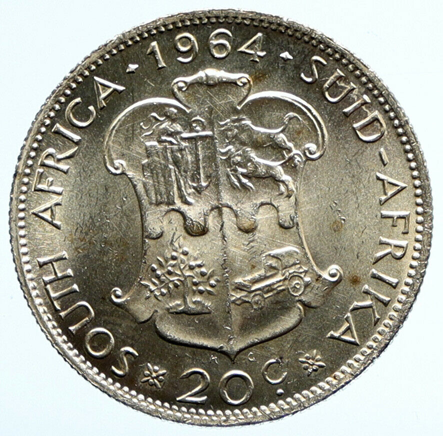 1964 SOUTH AFRICA Queen Elizabeth II Riebeeck VINTAGE Silver 20 Cent Coin i96559