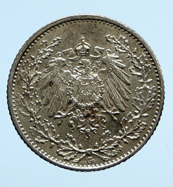 1906G WILHELM II of GERMANY OLD Eagle ANTIQUE German Silver 1/2 Mark Coin i96520