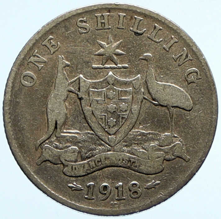 1918 AUSTRALIA UK King George V KANGAROO Antique Silver Shilling Coin i96554