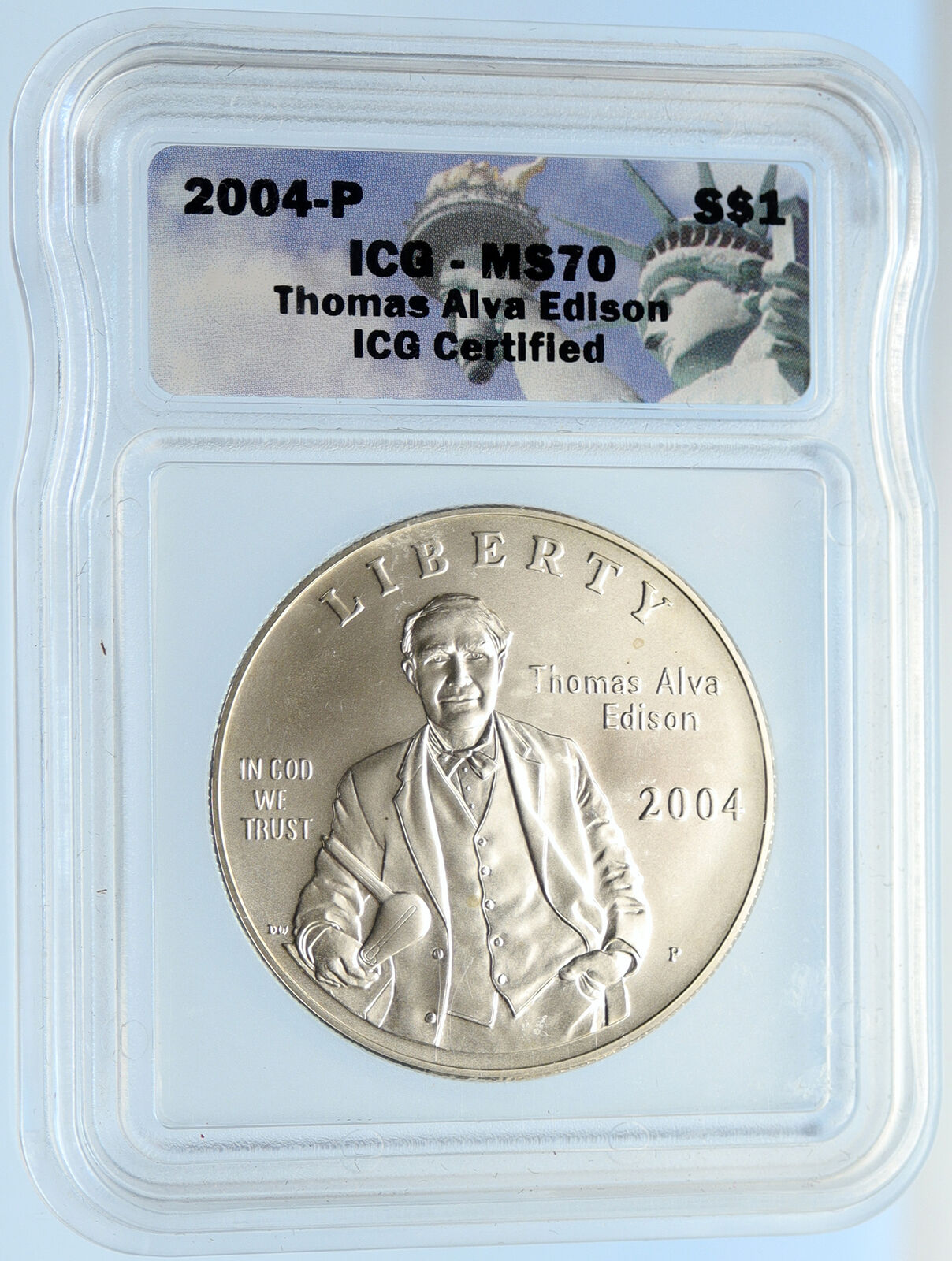 2004 UNITED STATES Thomas Edison INVENTOR of LIGHT BULB SILVER $ Coin ICG i96969