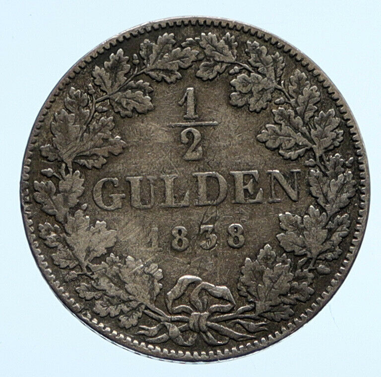 1838 GERMANY German States Wurttemberg WILHELM I Silver 1/2 Gulden Coin i96519