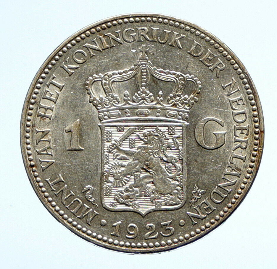 1923 Netherlands Kingdom Queen WILHELMINA 1 Gulden Authentic Silver Coin i96518