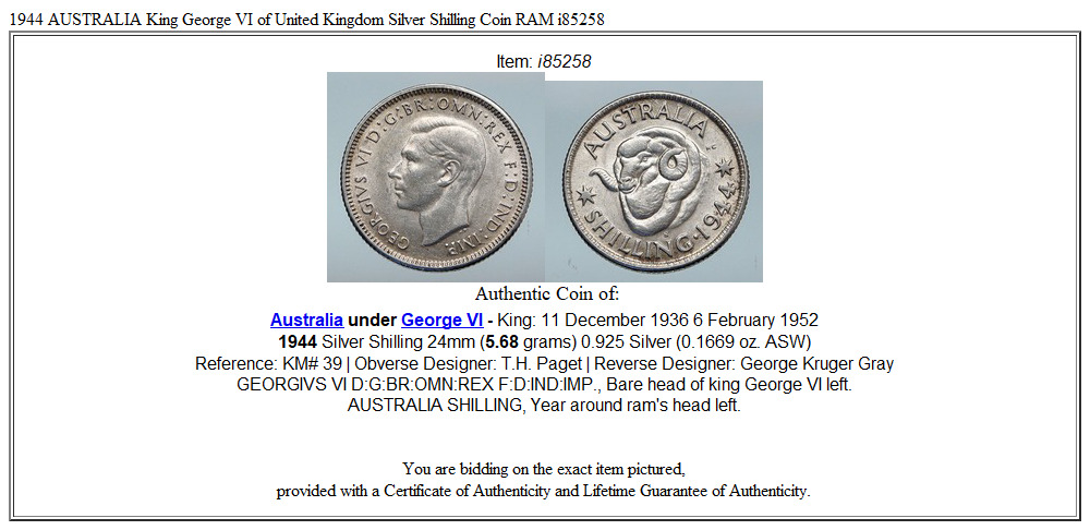 1944 AUSTRALIA King George VI of United Kingdom Silver Shilling Coin RAM i85258