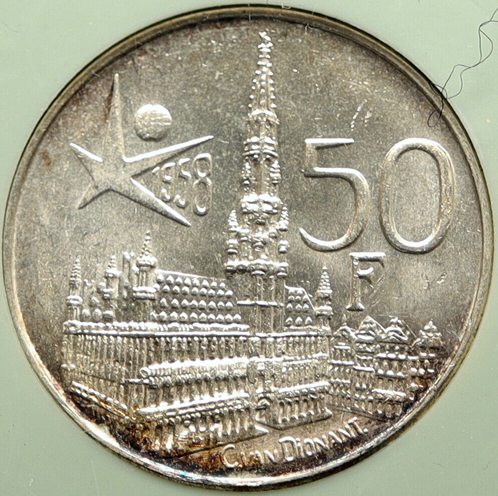 1958 BELGIUM BRUSSELS WORLD's FAIR 58 Baudouin Silver 50 Francs Coin i96698