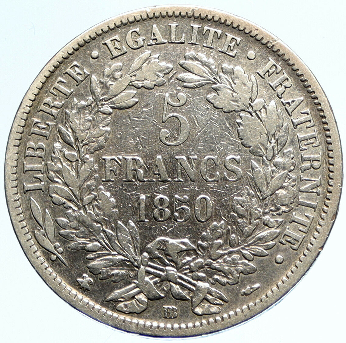 1850 BB FRANCE Antique LIBERTY Wreath VINTAGE Silver 5 Franc French Coin i97081