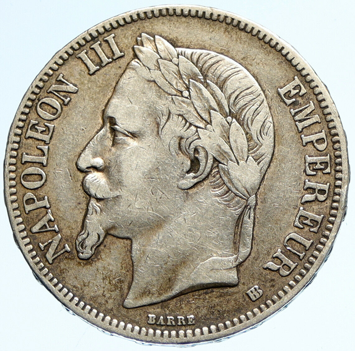 1867 FRANCE Emperor NAPOLEON III Crowned ARMS Silver 5 Francs French Coin i97082