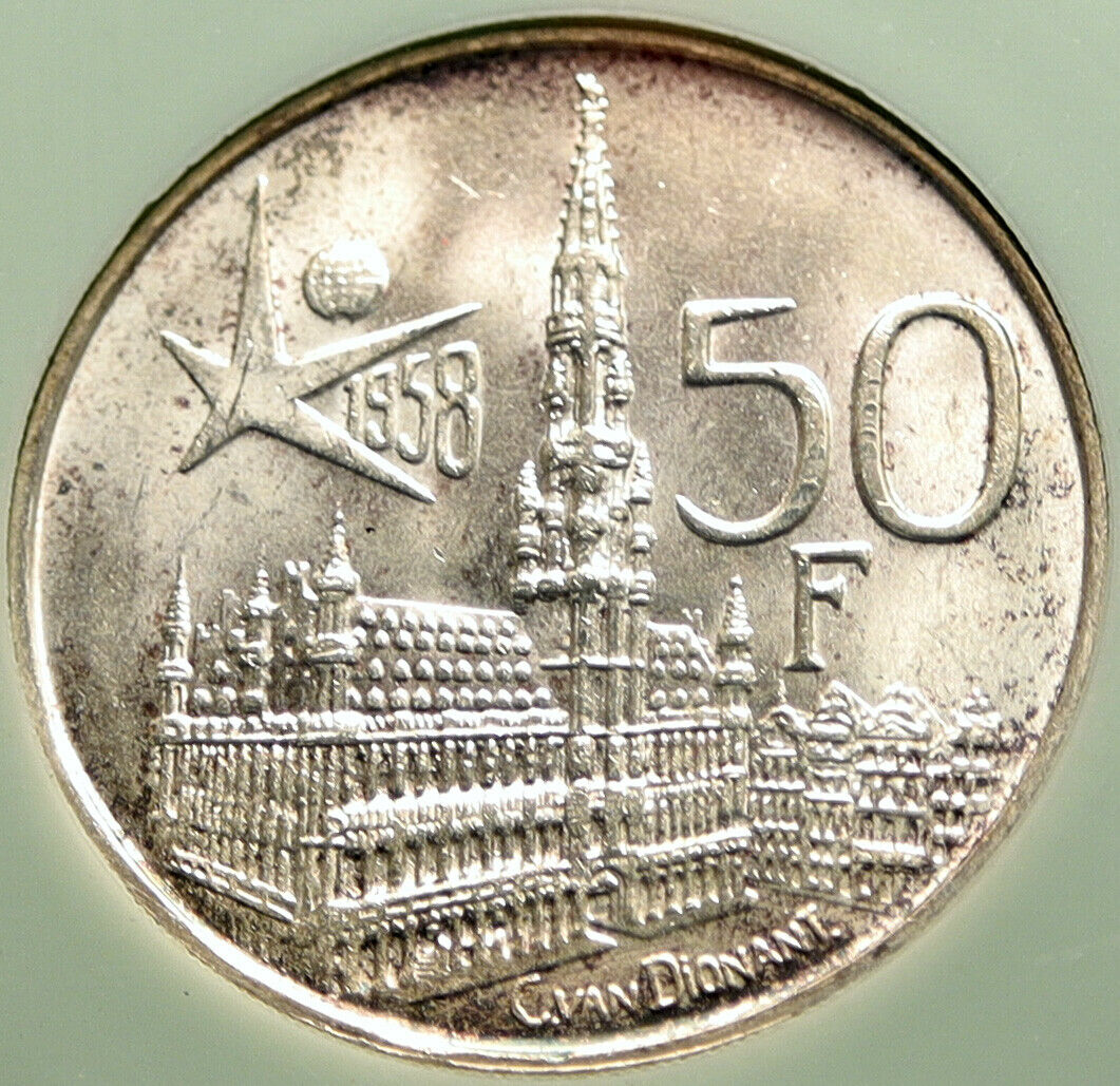 1958 BELGIUM BRUSSELS WORLD's FAIR 58 Baudouin Silver 50 Francs Coin i96695