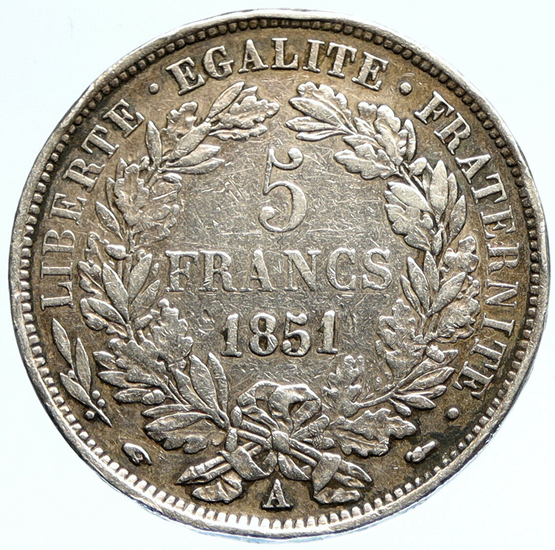 1851 A FRANCE Antique LIBERTY Wreath Genuine Silver 5 Franc French Coin i97083