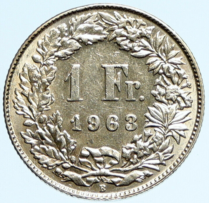 1963 B SWITZERLAND - SILVER 1 Franc Coin HELVETIA Symbolizes SWISS Nation i97142